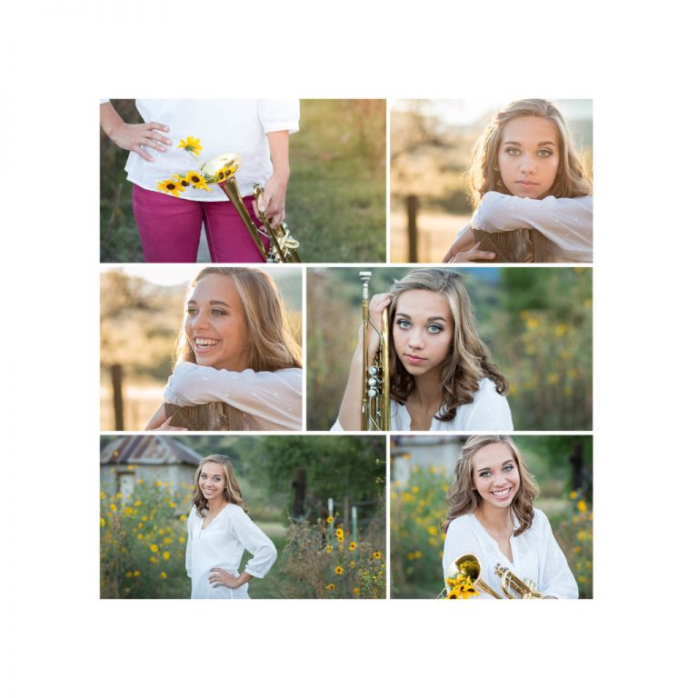 senior girl with her trumpet and yellow flowers