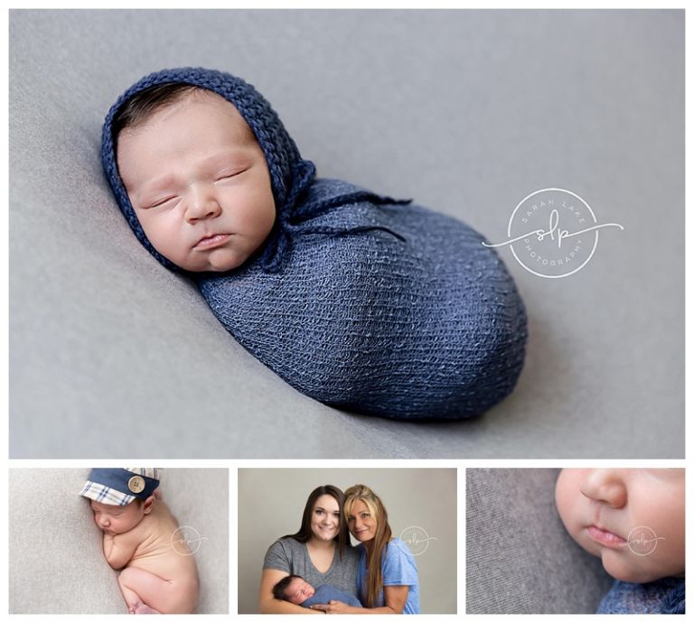 baby boy wrapped in blue, baby in cap, 3 generations