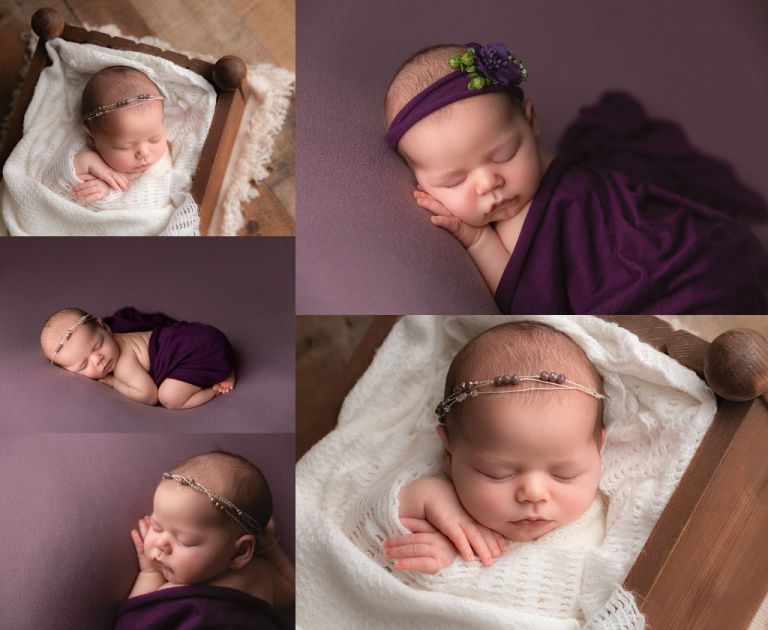 newborn baby girl wrapped in purple