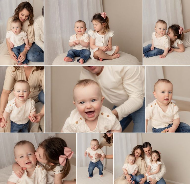 a collage of photos of a family with a baby boy and toddler girl, sitting on a large upholstered bench.